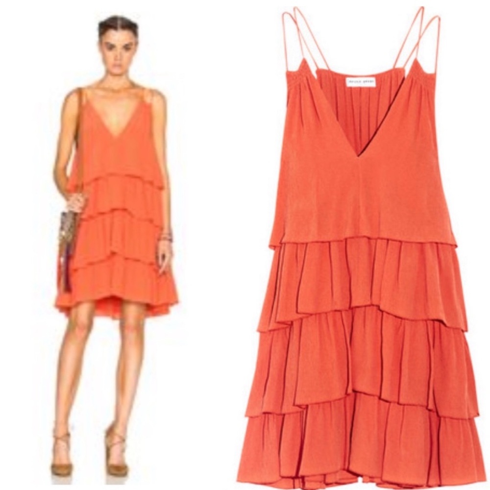 Apiece Apart 100% Silk Ruffled
Tiered Mini Dress Summer Top Coral Orange canyons